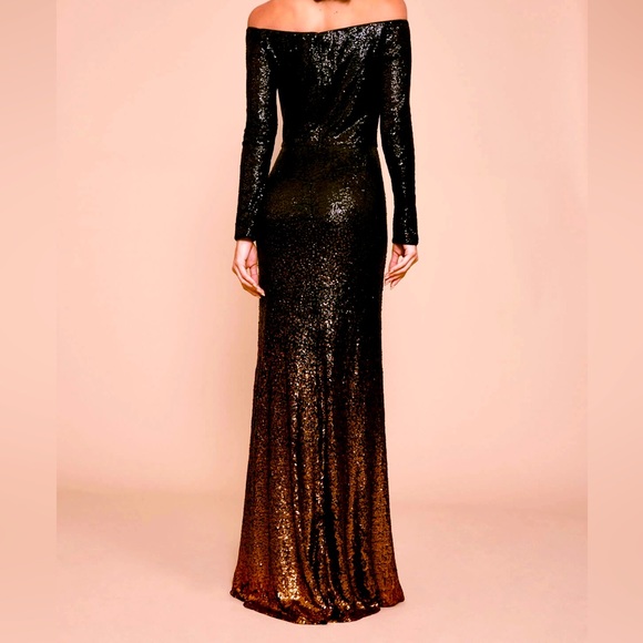 Sequin Holiday Dress Long, Tadashi Shoji Stretch Black & Copper. Long Sleeve - Picture 2 of 14